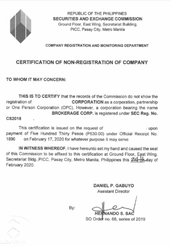 How to Get a SEC Certificate of Non-Registration of Company in the Philippines