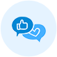 A blue speech bubble featuring a thumbs up sign, symbolizing approval or positive feedback.