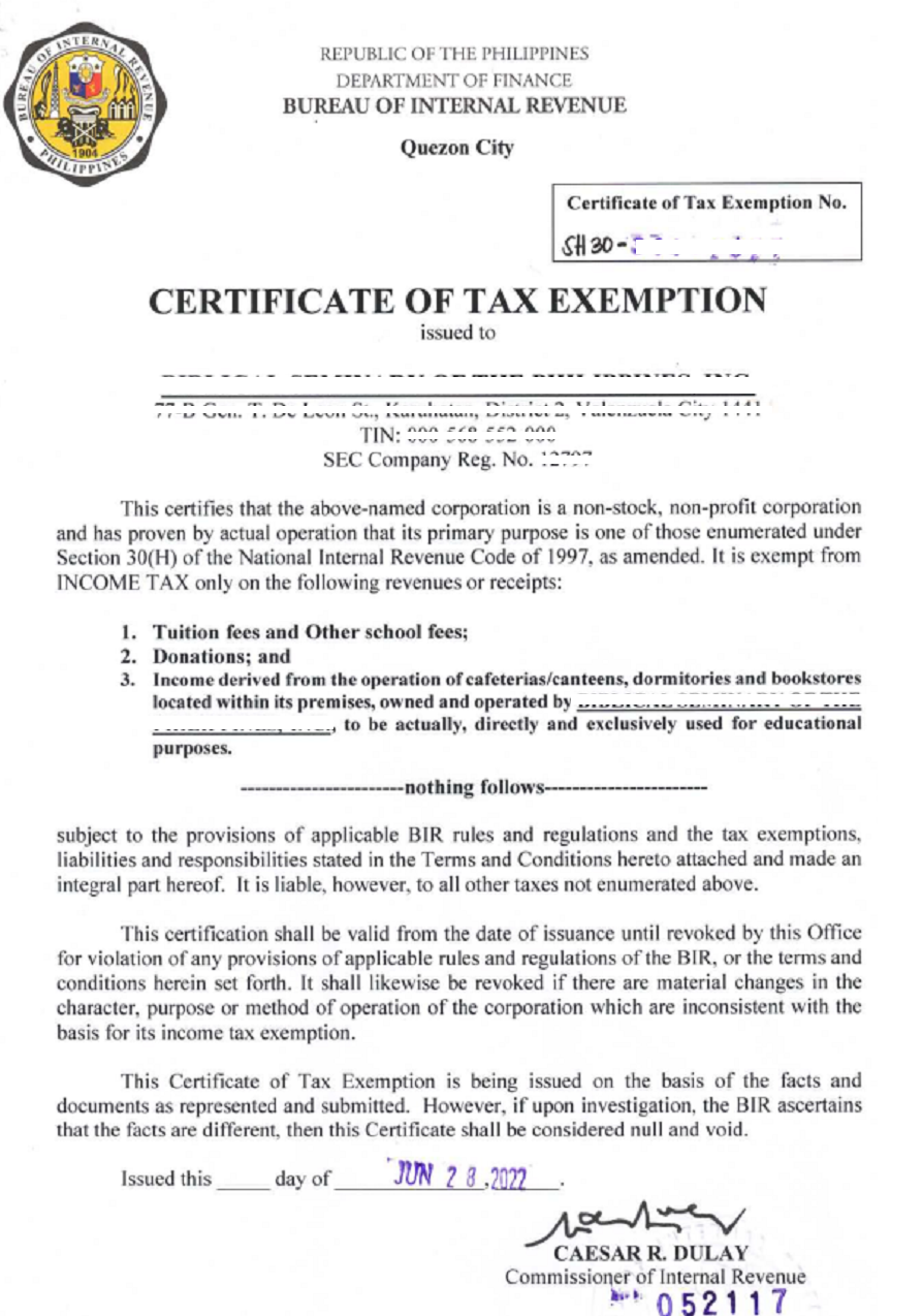 Sample BIR Certificate of Tax Exemption
